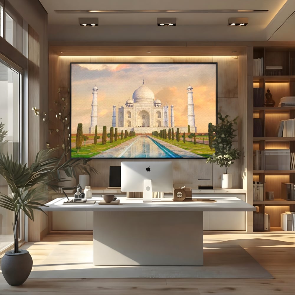 Tablou canvas cu tablou canvas cu taj mahal, in rama de aluminiu negru, pe perete intr-un birou
